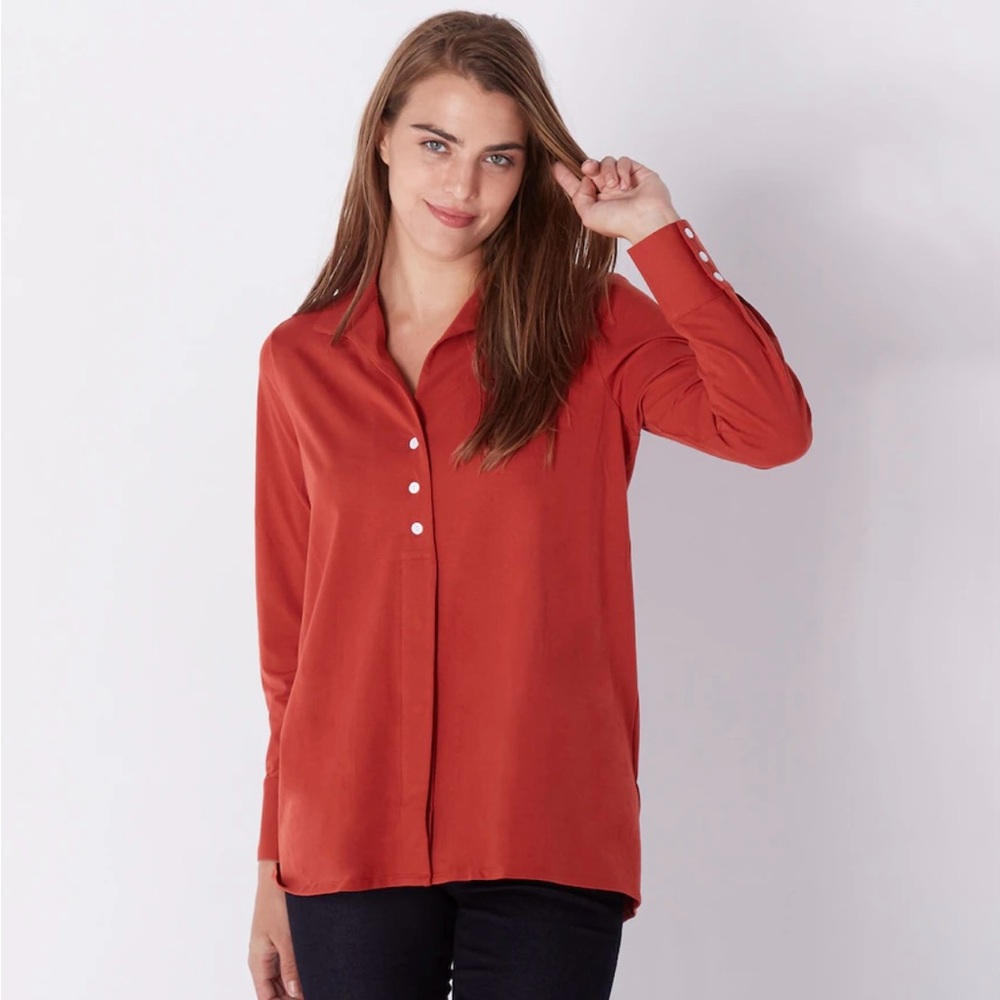 SOLD - Marla WYNNE - Women's Rust cotton knit 3 button shirt - size XL